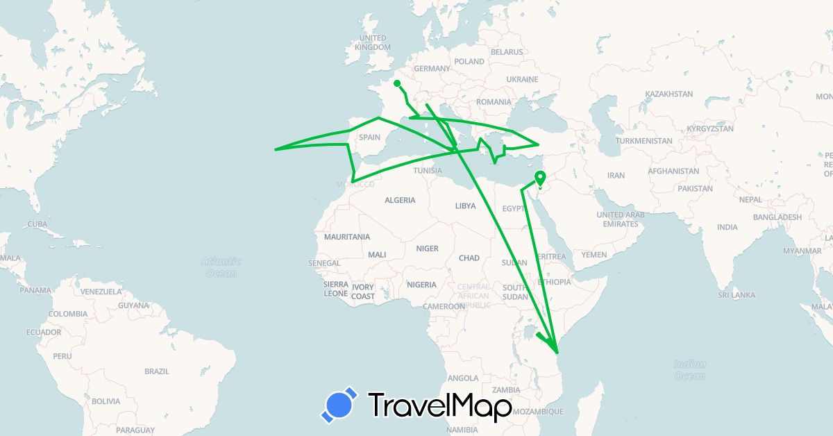 TravelMap itinerary: driving, bus in Egypt, Spain, France, Greece, Israel, Italy, Jordan, Kenya, Morocco, Palestinian Territories, Portugal, Turkey, Tanzania (Africa, Asia, Europe)