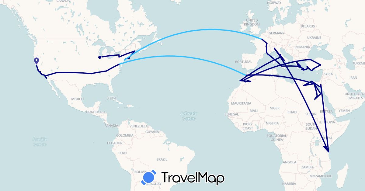TravelMap itinerary: driving, boat in Egypt, France, Greece, Israel, Italy, Morocco, Turkey, Tanzania, United States (Africa, Asia, Europe, North America)